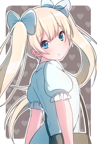 Anime picture 1181x1748 with original fuu (07199382) single long hair tall image looking at viewer blush fringe blue eyes blonde hair standing twintails looking back puffy sleeves border outside border girl dress bow hair bow