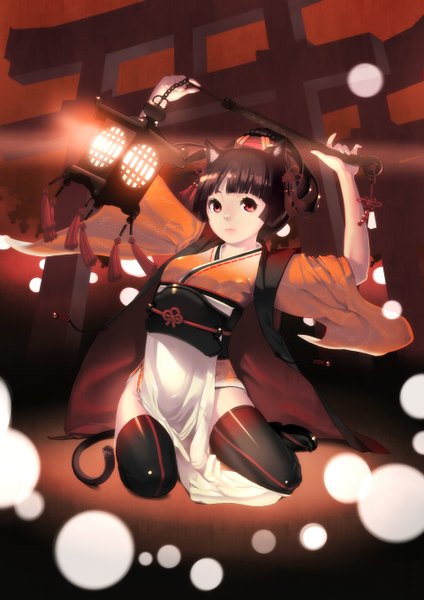 Anime picture 1920x2716 with original tororoto tall image looking at viewer highres short hair black hair red eyes animal ears tail traditional clothes japanese clothes animal tail cat ears cat girl cat tail girl thighhighs black thighhighs kimono