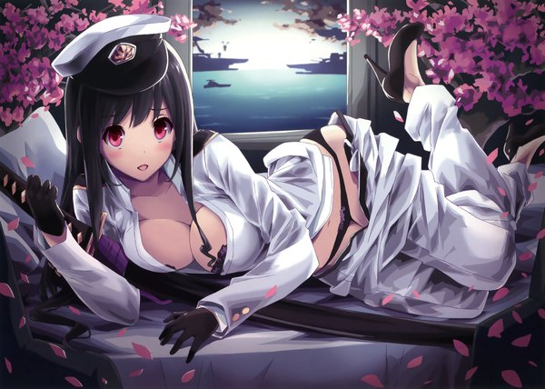 Anime picture 3125x2231 with k-books (artbook) mikoto akemi single long hair looking at viewer blush fringe highres breasts light erotic black hair red eyes large breasts holding absurdres sky cleavage cloud (clouds) bent knee (knees) lying