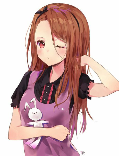 Anime picture 689x900 with idolmaster minase iori tr (hareru) single long hair tall image blush simple background red eyes brown hair white background upper body one eye closed adjusting hair girl hairband toy stuffed animal stuffed toy stuffed rabbit