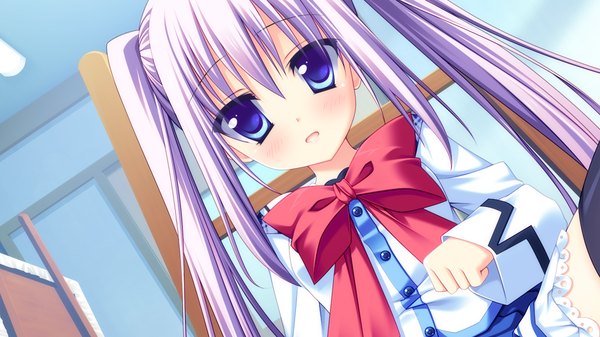 Anime picture 1024x576 with strawberry nauts kusunoki yao matsushita makako long hair blush blue eyes wide image twintails game cg purple hair loli girl uniform school uniform