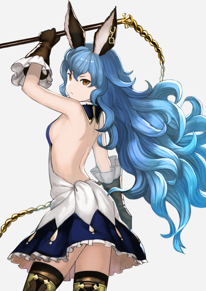 Anime picture 1190x1684 with granblue fantasy ferri (granblue fantasy) wasabi60 single long hair tall image looking at viewer fringe breasts light erotic simple background hair between eyes white background animal ears blue hair looking back from behind orange eyes bunny ears sideboob