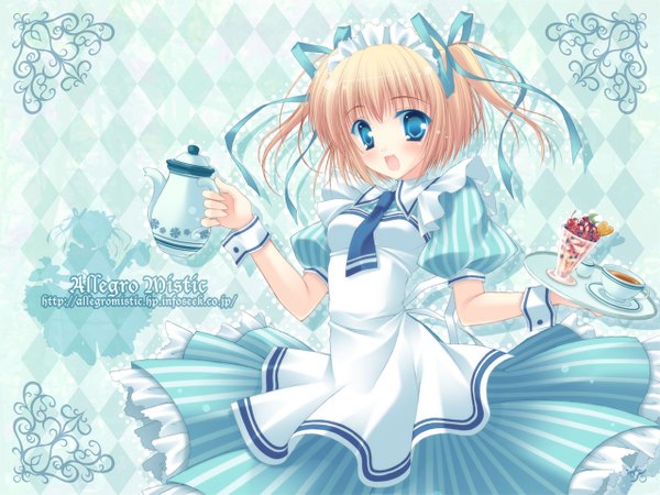 Anime picture 1280x960 with original takano yuki (allegro mistic) single looking at viewer blush short hair blue eyes blonde hair maid two side up wallpaper rhombus girl ribbon (ribbons) headdress maid headdress wrist cuffs cup tray teacup