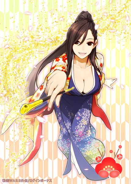 Anime picture 900x1257 with sengoku wars poaro single long hair tall image breasts open mouth light erotic brown hair large breasts brown eyes cleavage ponytail traditional clothes japanese clothes leaning leaning forward outstretched arm girl petals