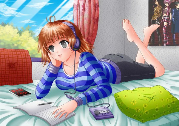 Anime picture 1052x744 with ilolamai short hair barefoot black eyes orange hair girl window headphones notebook