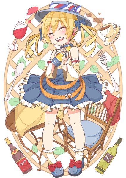 Anime picture 2480x3508 with original orangina chitetan single long hair tall image blush highres open mouth blonde hair twintails bare shoulders eyes closed flag print girl skirt bow hair bow hat detached sleeves