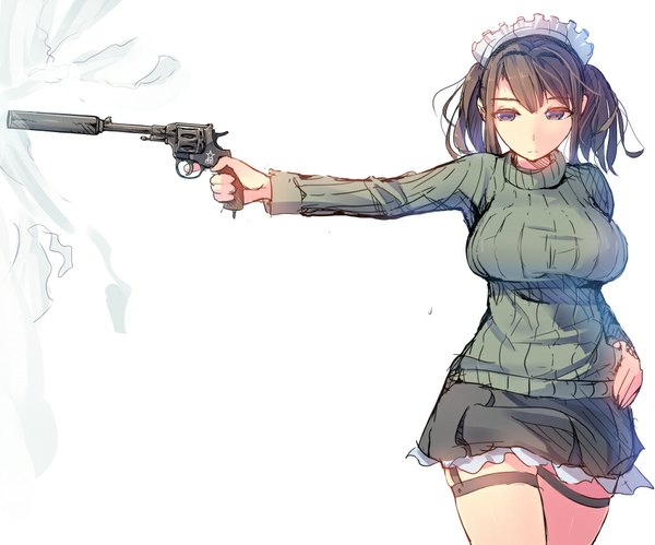 Anime picture 1000x833 with original daito (daito369) single long hair looking at viewer fringe breasts blue eyes simple background brown hair large breasts standing white background twintails pleated skirt hand on hip smoke smoking gun girl skirt
