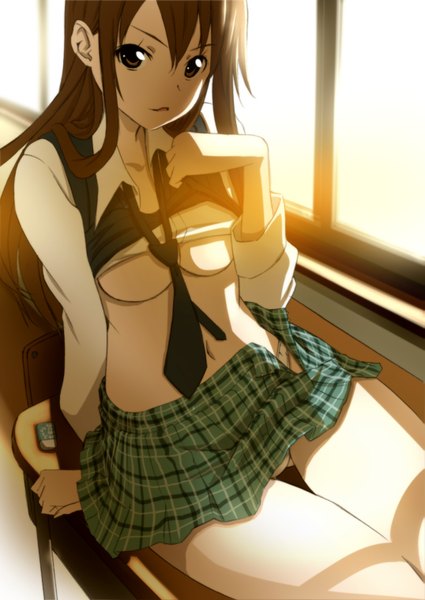 Anime picture 1075x1518 with original wadapen single long hair tall image looking at viewer breasts light erotic brown hair brown eyes girl skirt uniform school uniform necktie window desk
