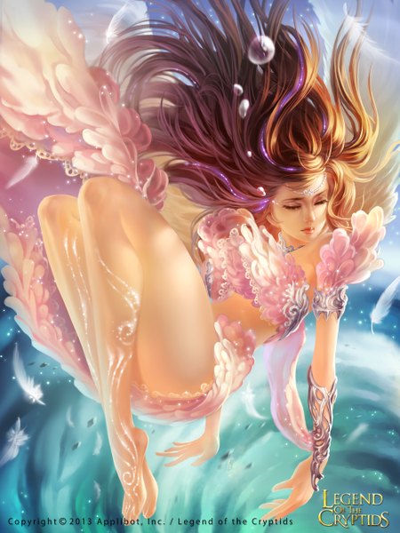 Anime picture 2000x2667 with legend of the cryptids zhang wei yi single long hair tall image fringe highres brown hair eyes closed barefoot lips inscription bare legs legs glowing white wings angel girl wings feather (feathers)