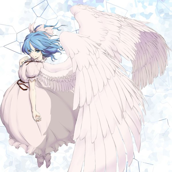 Anime picture 1000x1000 with touhou mai (touhou) serene (gusarme) single looking at viewer short hair blue eyes blue hair angel wings girl dress wings