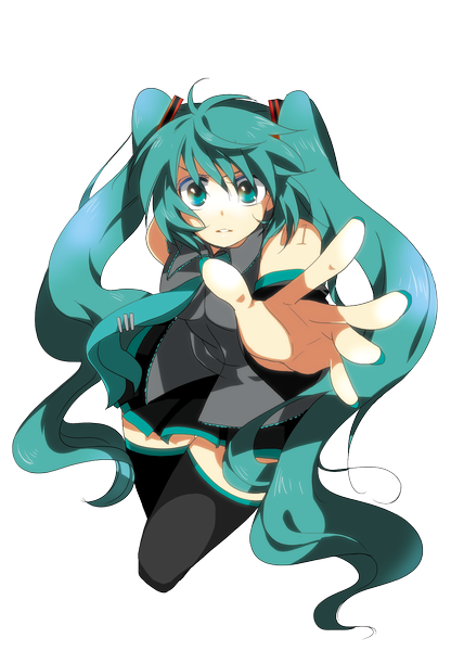 Anime picture 1500x2102 with vocaloid hatsune miku marirero a single tall image looking at viewer twintails very long hair aqua eyes aqua hair zettai ryouiki transparent background girl skirt detached sleeves miniskirt necktie