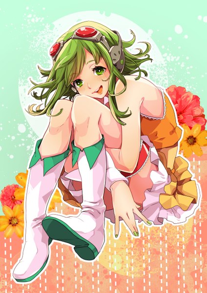 Anime picture 1000x1414 with vocaloid gumi 778-go single tall image looking at viewer short hair open mouth sitting bare shoulders green eyes bent knee (knees) green hair happy leg hug girl skirt flower (flowers) boots headphones