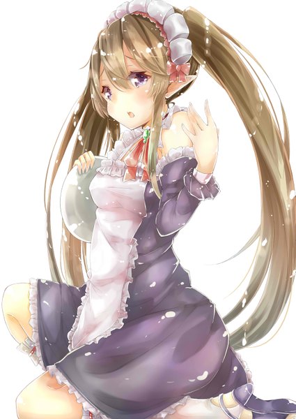 Anime picture 2149x3035 with outbreak company feel (studio) myucel foalan hiiragi yashiro single long hair tall image looking at viewer fringe highres open mouth simple background brown hair white background purple eyes twintails holding pointy ears maid kneeling