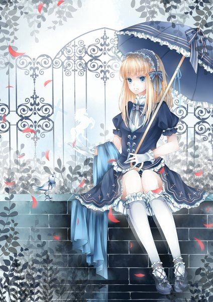 Anime picture 1000x1414 with original stari single long hair tall image blue eyes blonde hair sitting girl dress gloves animal petals socks headdress bird (birds) umbrella white socks