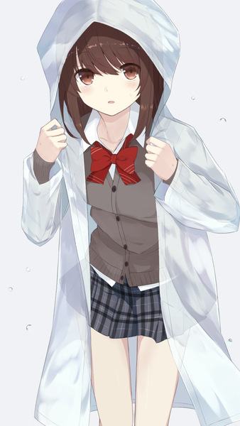 Anime picture 625x1108 with original huuyu single long hair tall image looking at viewer fringe simple background hair between eyes brown hair standing brown eyes long sleeves parted lips pleated skirt grey background leaning leaning forward plaid skirt girl