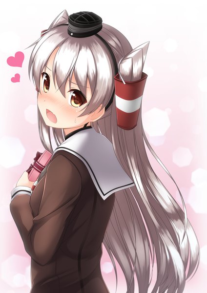 Anime picture 857x1213 with kantai collection amatsukaze destroyer shirasawa kazane single long hair tall image looking at viewer blush fringe open mouth hair between eyes holding brown eyes silver hair looking back fang (fangs) sweat two side up embarrassed sweatdrop