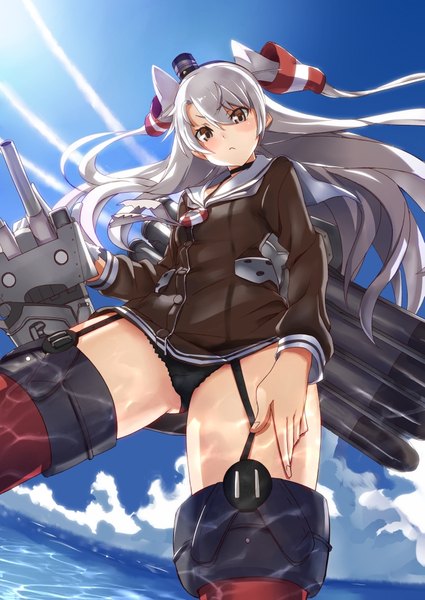 Anime picture 709x1000 with kantai collection amatsukaze destroyer rensouhou-kun tsuuhan single long hair tall image blush light erotic brown eyes sky silver hair cloud (clouds) sunlight from below two side up girl hair ornament underwear panties