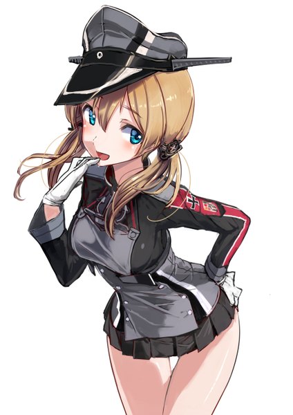 Anime picture 1060x1500 with kantai collection prinz eugen (kantai collection) akasaai single long hair tall image looking at viewer blush open mouth blue eyes simple background blonde hair smile white background twintails pleated skirt aqua eyes hand on hip low twintails finger to mouth