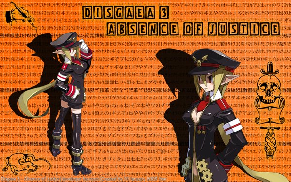 Anime picture 1920x1200 with disgaea salvatore the magnificent havcom highres blonde hair red eyes wide image tail pointy ears shadow girl thighhighs uniform hat military uniform