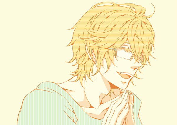Anime picture 1012x717 with uta no prince-sama a-1 pictures shinomiya natsuki single short hair open mouth simple background blonde hair smile eyes closed striped yellow background boy glasses