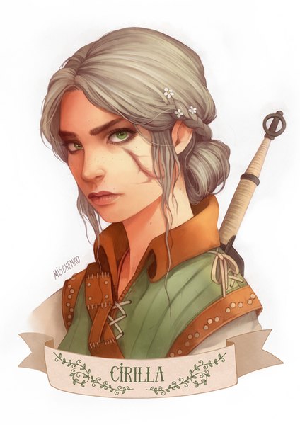 Anime picture 701x992 with the witcher the witcher 3 wild hunt ciri moon-in-milk single tall image looking at viewer short hair simple background white background green eyes signed upper body braid (braids) hair flower grey hair realistic inscription character names scar