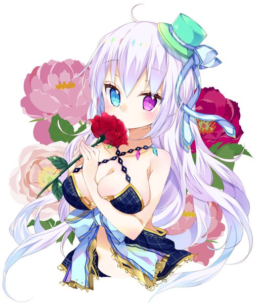 Anime picture 1285x1500 with original chico152 single long hair tall image looking at viewer blush fringe breasts blue eyes light erotic hair between eyes large breasts purple eyes bare shoulders cleavage upper body ahoge white hair heterochromia
