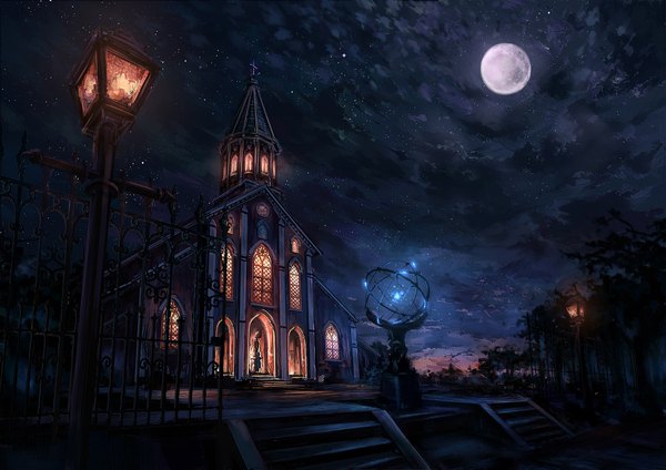 Anime picture 1885x1333 with fate (series) fate/stay night fate/zero studio deen type-moon c.z. highres sky cloud (clouds) night no people plant (plants) tree (trees) building (buildings) moon cross full moon lantern house church