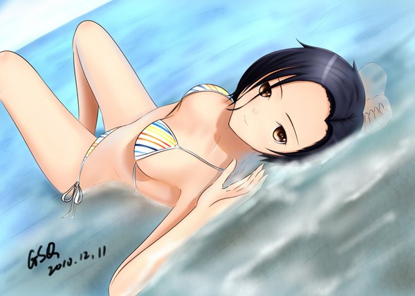 Anime picture 1772x1265 with love plus kobayakawa rinko gsq single highres short hair light erotic black hair brown eyes signed lying girl swimsuit bikini striped bikini