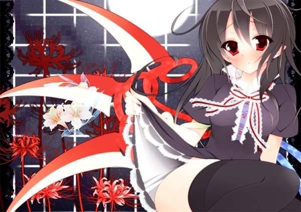 Anime picture 1181x835 with touhou houjuu nue suzume miku single blush black hair red eyes night girl thighhighs flower (flowers) black thighhighs moon higanbana