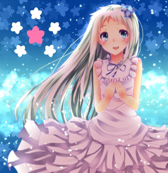 Anime picture 1166x1200 with ano hi mita hana no namae wo bokutachi wa mada shiranai a-1 pictures honma meiko e-co single long hair tall image looking at viewer blush open mouth blue eyes silver hair hair flower girl dress hair ornament flower (flowers) sundress