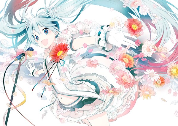 Anime picture 1350x955 with vocaloid hatsune miku ame (conronca) single long hair open mouth blue eyes twintails blue hair girl skirt gloves flower (flowers) bow ribbon (ribbons) microphone microphone stand