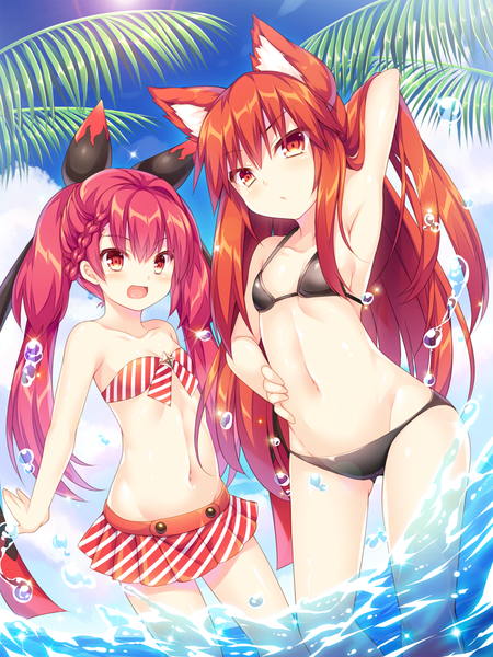 Anime picture 900x1200 with beatmania beatmania iidx aka no ripika roshin long hair tall image looking at viewer blush open mouth light erotic red eyes multiple girls animal ears pink hair sky red hair :d cat ears armpit (armpits) hand on hip