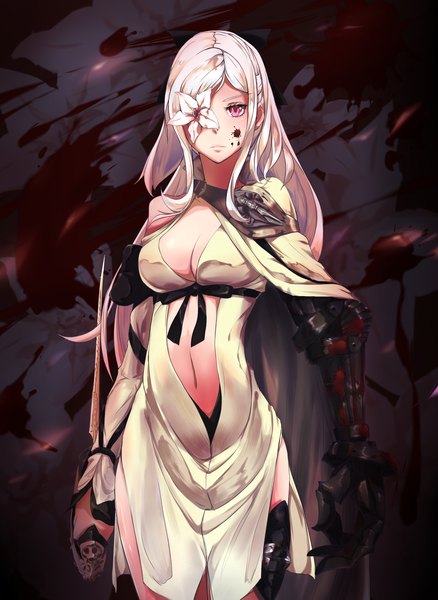 Anime picture 1900x2600 with drakengard zero (drag-on dragoon) tagme (artist) single long hair tall image highres breasts blonde hair red eyes standing looking away cleavage flower over eye girl navel flower (flowers) bow ribbon (ribbons) armor