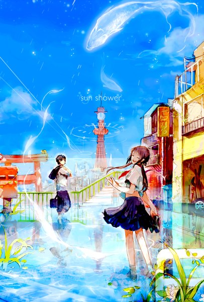 Anime picture 900x1328 with original gomosawa long hair tall image short hair brown hair twintails sky cloud (clouds) eyes closed low twintails happy reflection fantasy walking glow girl boy skirt uniform