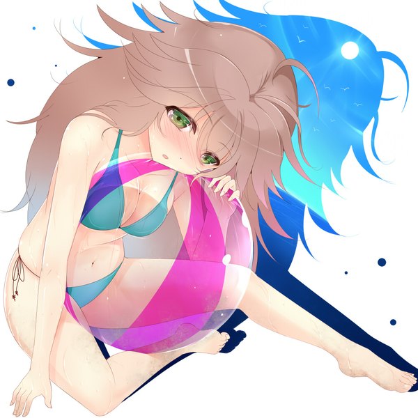 Anime picture 1000x1000 with original sts single long hair blush simple background brown hair green eyes girl swimsuit bikini beachball
