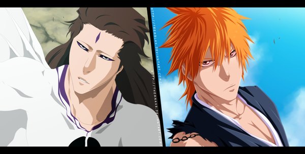 Anime picture 1920x974 with bleach studio pierrot kurosaki ichigo aizen sousuke tremblax themnaxs long hair highres short hair blue eyes brown hair wide image sky cloud (clouds) japanese clothes pink eyes orange hair multiple boys coloring letterboxed