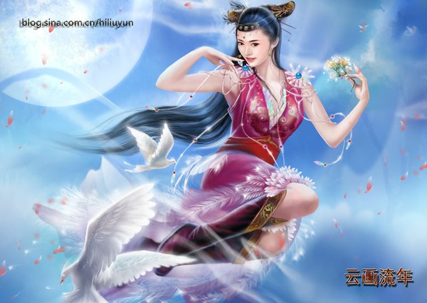 Anime picture 1084x768 with hiliuyun (artist) single long hair black hair signed sky realistic hieroglyph girl dress hair ornament flower (flowers) animal petals boots bird (birds) moon feather (feathers) full moon
