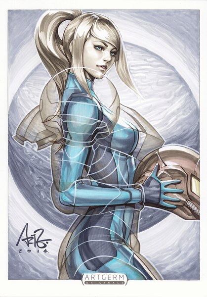 Anime picture 699x1000 with metroid samus aran artgerm (stanley lau) single tall image looking at viewer fringe blue eyes holding signed ponytail looking back grey hair realistic inscription turning head border arched back girl armor