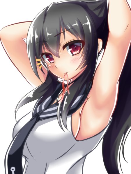 Anime picture 750x1000 with kantai collection yahagi light cruiser saboten teishoku single long hair tall image looking at viewer blush fringe light erotic black hair simple background red eyes white background holding armpit (armpits) mouth hold adjusting hair tying hair ribbon in mouth
