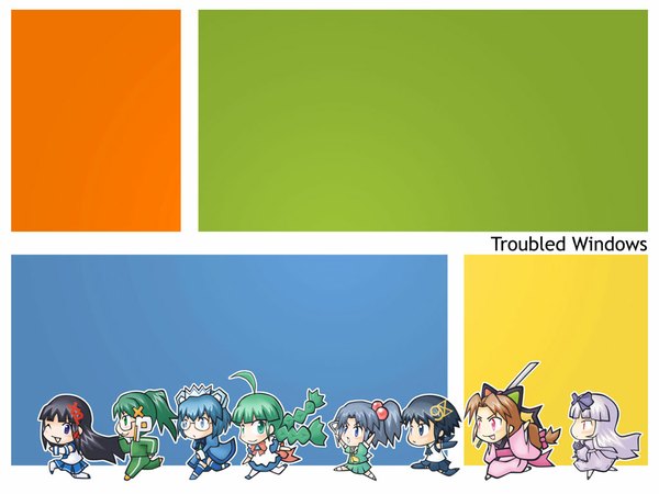 Anime picture 1024x768 with os-tan windows (operating system) troubled windows xp-tan (saseko) 2k-tan me-tan (emui-san) 95-tan 98-tan (hacchan) 3.1-tan multiple girls green hair wallpaper 6+ girls everyone 8 girls 8girls girl glasses