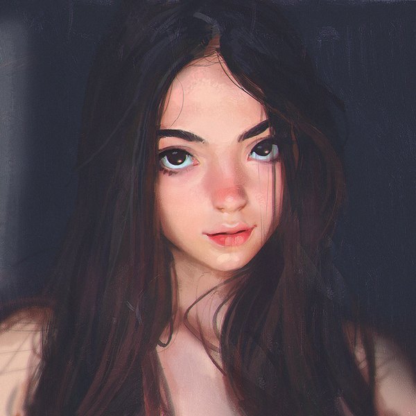 Anime picture 900x900 with original ilya kuvshinov single long hair looking at viewer brown hair bare shoulders brown eyes parted lips lips realistic lipstick portrait dark background face red lipstick makeup girl