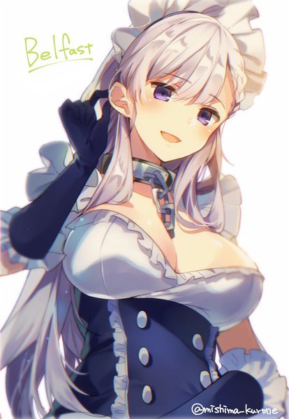 Anime picture 600x869 with azur lane belfast (azur lane) mishima kurone single tall image blush breasts open mouth light erotic simple background smile large breasts white background purple eyes signed cleavage silver hair upper body :d maid