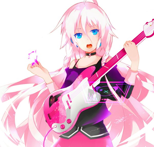 Anime picture 1100x1054 with vocaloid ia (vocaloid) tealovely single looking at viewer fringe open mouth standing holding pink hair braid (braids) very long hair nail polish aqua eyes twin braids weightlessness playing instrument singing girl skirt