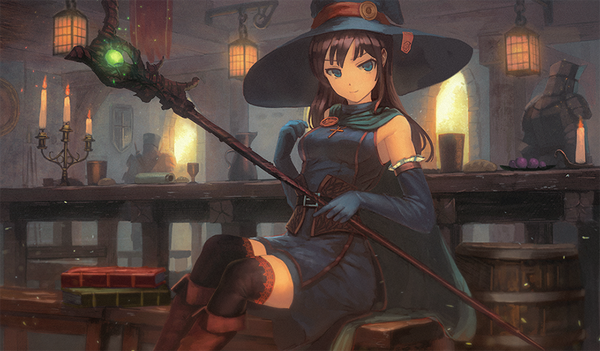 Anime picture 920x539 with original yoshitake single long hair blue eyes smile brown hair wide image sitting bare shoulders bent knee (knees) indoors witch girl thighhighs gloves black thighhighs hat elbow gloves bracelet