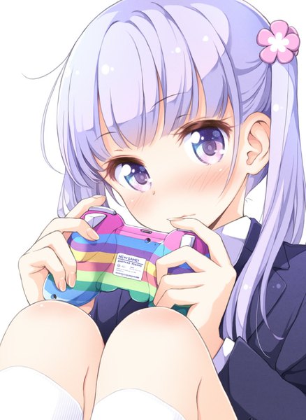 Anime picture 730x1000 with new game! doga kobo suzukaze aoba tokunou shoutarou single long hair tall image looking at viewer blush blue eyes simple background white background sitting purple eyes twintails purple hair official art multicolored eyes girl shirt
