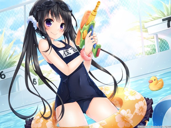 Anime picture 1600x1200 with hotch kiss giga mikoto akemi single long hair blush light erotic black hair smile purple eyes twintails girl swimsuit water one-piece swimsuit goggles school swimsuit swim ring pool water gun