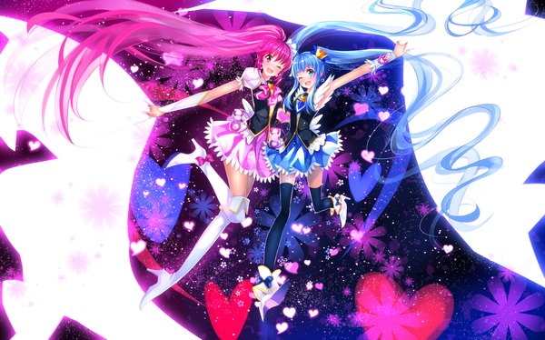Anime picture 2714x1696 with precure happinesscharge precure! toei animation shirayuki hime aino megumi cure princess cure lovely swordsouls long hair blush highres open mouth blue eyes wide image twintails multiple girls blue hair pink hair full body ponytail