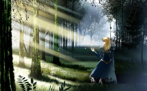 Anime picture 1280x800 with fate (series) fate/stay night studio deen type-moon artoria pendragon (all) saber skyt2 single long hair blonde hair wide image green eyes from behind sunlight girl plant (plants) tree (trees) forest