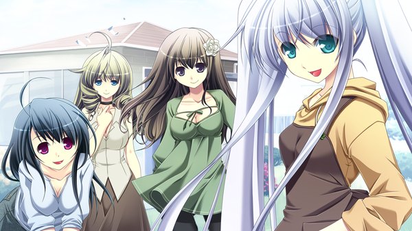 Anime picture 1280x720 with end sleep long hair blue eyes black hair smile brown hair wide image purple eyes twintails multiple girls game cg silver hair ahoge hair flower black eyes drill hair girl dress hair ornament 4 girls