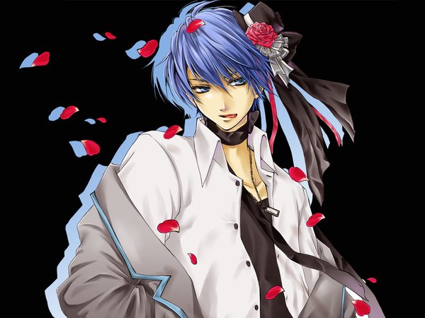 Anime picture 1024x768 with vocaloid imitation black (vocaloid) kaito (vocaloid) yuacchi single fringe short hair blue eyes simple background hair between eyes blue hair looking away upper body open shirt black background boy hat shirt petals white shirt